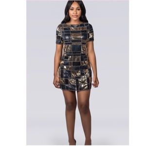Luv Liz Black Gold Sequins Shirt Sleeve Mini Dress